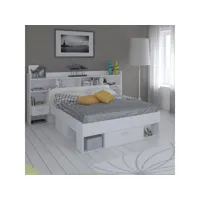 lit 140x190-200 + tête de lit avec rangements blanc - ara - lit : l 147 x l 203 x h 75 cm - tête de lit : l 221 x l 37 x h 108 cm