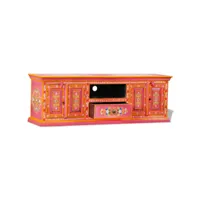 meuble tv, banc tv, meuble rangement de salon bois de manguier massif rose peint à la main ola9751 meuble pro