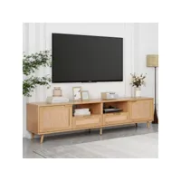 meuble tv 200 cm en rotin style campagnard , banc tv en bois 2 portes 2 tiroirs 2 compartiments pour salon ou pour la chambre, brun