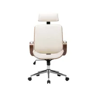 chaise de bureau avec appuie-tête crème similicuir et bois