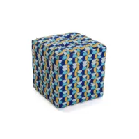 versa klee tabouret puff carré repose-pieds pour le salon ou la chambre, , dimensions (h x l x l) 35 x 35 x 35 cm, coton et bois, couleur: bleu, jaune et blanc 19501526