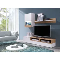 meuble tv robin avec étagère et colonne murale - blanc et bois