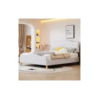lit simple rembourré 140 x 200 cm avec tête de lit, pied de lit et sommier à lattes en tissu en lin blanc doux pour la peau moselota