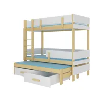 lit superposé 3 niveaux avec 2 tiroirs de rangement pin naturel et blanc 90x200 kopa