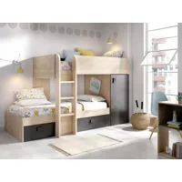lit enfant dguerci, chambre complète avec armoire et tiroirs, composition de lits superposés avec deux lits simples, 255x112h150 cm, chêne et anthracite 8052773875950
