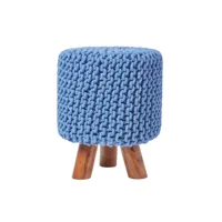 homescapes pouf tressé en tricot et pieds en bois - bleu sf2014a