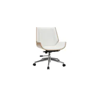 chaise de bureau à roulettes design blanc, bois clair et acier chromé curved