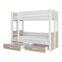 lit superposé blanc et bois sonoma 2 couchages 80x180 ou 90x200 avec tiroirs de rangement luka-couchage 80x180 cm