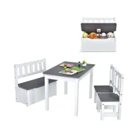giantex ensemble table et chaises pour enfants, table et 2 chaises et 1 banc avec espace de rangement en bois (gris)