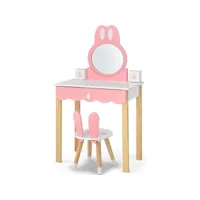 coiffeuse avec tabouret pour enfants - miroir amouvible - 1 tiroirs - 2 boîtes de rangement - décor rose + blanc