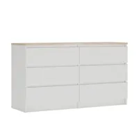 commode 6 tiroirs blanc chêne top, l : 140 cm, h: 79 cm, p : 39 cm, meuble de rangement