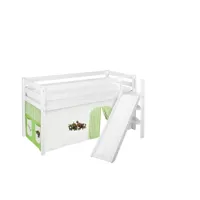 lit surélevé ludique jelle 90x200 cm dinos vert beige - lilokids - blanc laqué - avec toboggan incliné et rideaux