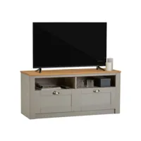 meuble tv bolton 2 tiroirs de rangement, meuble télé design campagne en pin massif gris et brun