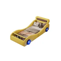 lit d'enfant 90x200cm, lit rembourré en forme de voiture avec roues lumineuses et espace de rangement, jaune