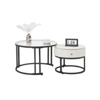 lot de 2 tables gigognes avec tiroir - plateaux en verre et marbre - blanc