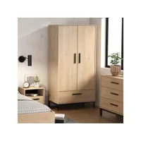 armoire penderie 2 portes battantes + 1 tiroir chêne-noir - doron - l 90 x l 50 x h 180 cm