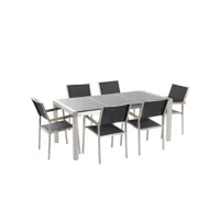 table de jardin en plateau granit gris poli 180 cm et 6 chaises noires grosseto 18950