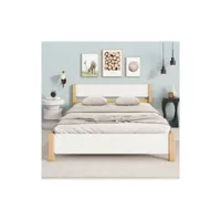 lit en bois double, cadre en pin avec pied central, blanc + naturel, 140x200 cm moselota