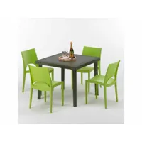 table carrée et 4 chaises colorées poly-rotin résine 90x90 marron grand soleil