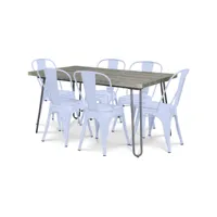 pack table à manger - design industriel 150cm + pack de 6 chaises à manger - design industriel - hairpin stylix bleu gris
