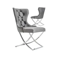 lot de 2 chaises de salle à manger design avec capitonnage à l'arrière revêtement en velours gris foncé et piètement croisé en acier inoxydable argenté collection lord viv-112844