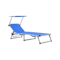 transat chaise longue bain de soleil lit de jardin terrasse meuble d'extérieur pliable avec toit aluminium et textilène bleu helloshop26 02_0012864