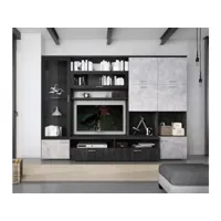 système mural de salon, meuble tv avec éléments hauts, étagères et vitrine, salon moderne complet, cm 300x30h215, couleur anthracite et ciment 8052773575287