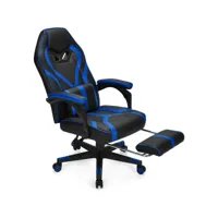 costway chaise gaming cuir pvc, siège gamer pivotante ergonomique, fauteuil de bureau repose-pieds rétractable, réglable en hauteur et dossier réglable charge 150kg (bleu)