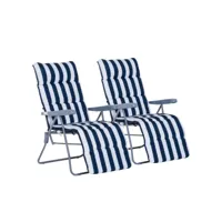 lot de 2 chaise longue bain de soleil adjustable pliable transat lit de jardin en acier bleu + blanc
