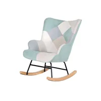 mapusa - fauteuil à bascule tapissé en patchwork menthe avec structure en métal et pieds en bois