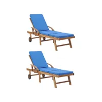 lot x2 chaises longues bois teck massif à roulettes avec coussins - bleu 3054636