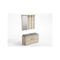 kathi - meuble d'entrée avec  miroir + banc - 35x85x180 cm - banc coffre à chaussures - 6 crochets - vestiaire - sonoma