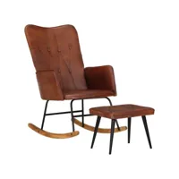 chaise à bascule style moderne, rocking chair fauteuil relax, avec repose-pied marron cuir véritable meuble pro frco31718