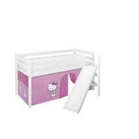 lit surélevé ludique jelle 90x200 cm hello kitty rose - lilokids - blanc laqué - avec toboggan incliné et rideaux