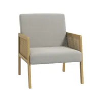 fauteuil lounge - 2 coussins inclus - assise profonde - accoudoirs - structure bois hévéa rotin - tissu gris
