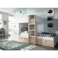 lit enfant cevedale, chambre complète avec armoire et tiroirs, composition de lits superposés avec deux lits simples, 271x111h150 cm, blanc et chêne 8052773871990