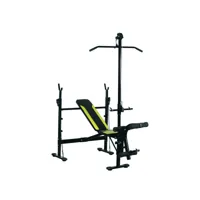 banc de musculation fitness entrainement complet dossier réglable cordes traction curler supports barre et haltères noir et jaune