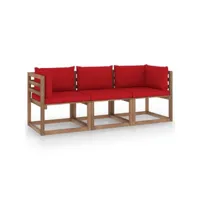 canapé fixe 3 places palette de jardin  sofa banquette de jardin et coussins rouge pinède meuble pro frco13507