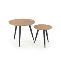 ensemble de deux tables gigognes rondes aspect chêne doré avec pieds en métal noir sirona 119