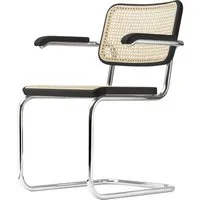 thonet - s 64 v chaise avec accoudoirs, chrome / hêtre teinté noir (tp 29) / cannage avec tissu de soutien en plastique