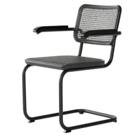 thonet - s 64 v chaise avec accoudoirs, noir ral 9005 / chêne teinté / cannage avec tissu de soutien dark melange