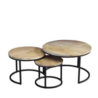 set de 3 tables basses gigognes style industriel manguier massif et métal naturel et noir eclipse