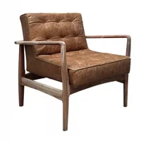 fauteuil style vintage en cuir de buffle cigare et bois de manguier