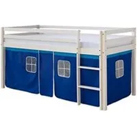 lit enfant homestyle4u lit simple blanc 90x200 en hauteur avec echelle et rideau bleu