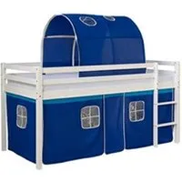 lit enfant homestyle4u lit simple blanc 90x200 en hauteur avec echelle rideau et tunnel bleu