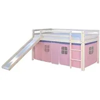 lit enfant homestyle4u lit simple blanc 90x200 en hauteur avec echelle et rideau rose et toboggan