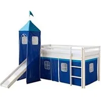 lit enfant homestyle4u lit simple blanc 90x200 en hauteur avec echelle rideau et tour bleu et toboggan