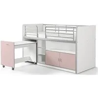 lit combiné 90x200 cm avec sommier 1 bureau 2 portes bois blanc et rose bonny