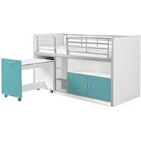 lit combiné 90x200 cm avec sommier 1 bureau 2 portes bois blanc et turquoise bonny