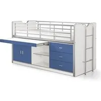 lit combiné 90x200 cm avec sommier 1 bureau 3 tiroirs bois blanc et bleu bonny